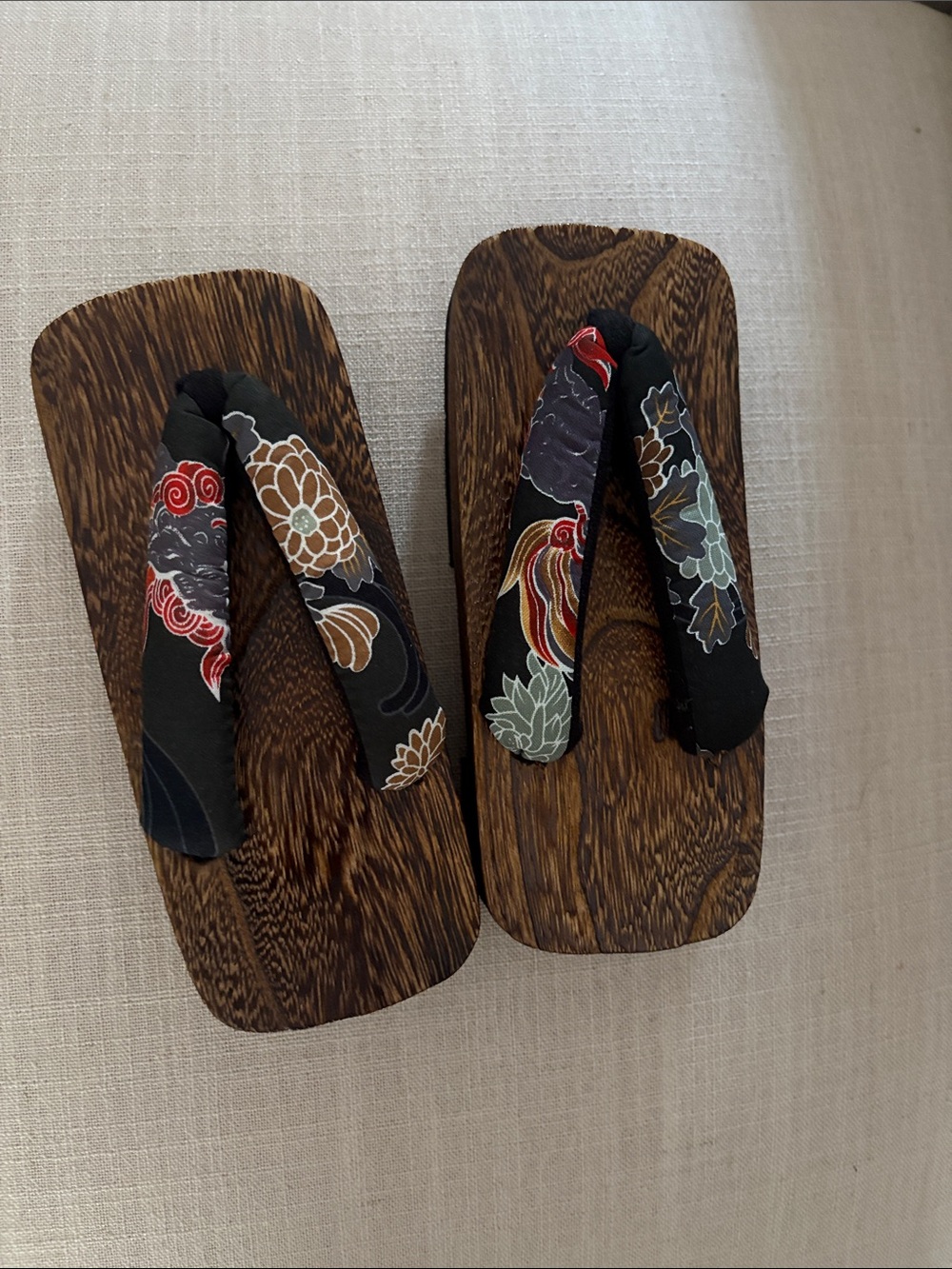 Wooden Geta-Style Kids Sandals with Black Floral Thong